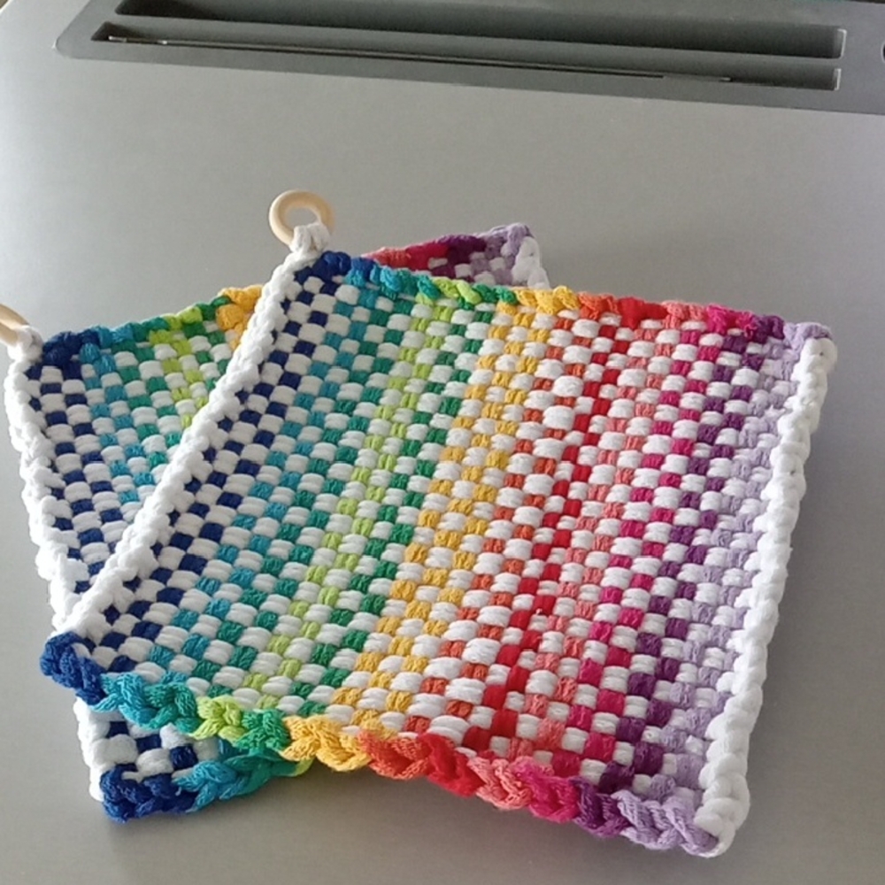 Colorful Rainbow Hand Loomed Pot Holders - White Trim